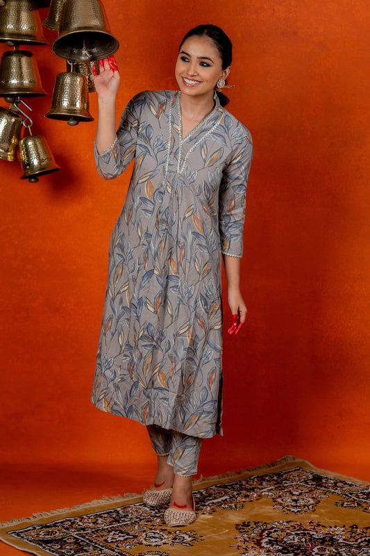 Grey Elegant Viscose Rayon Floral Print Suit