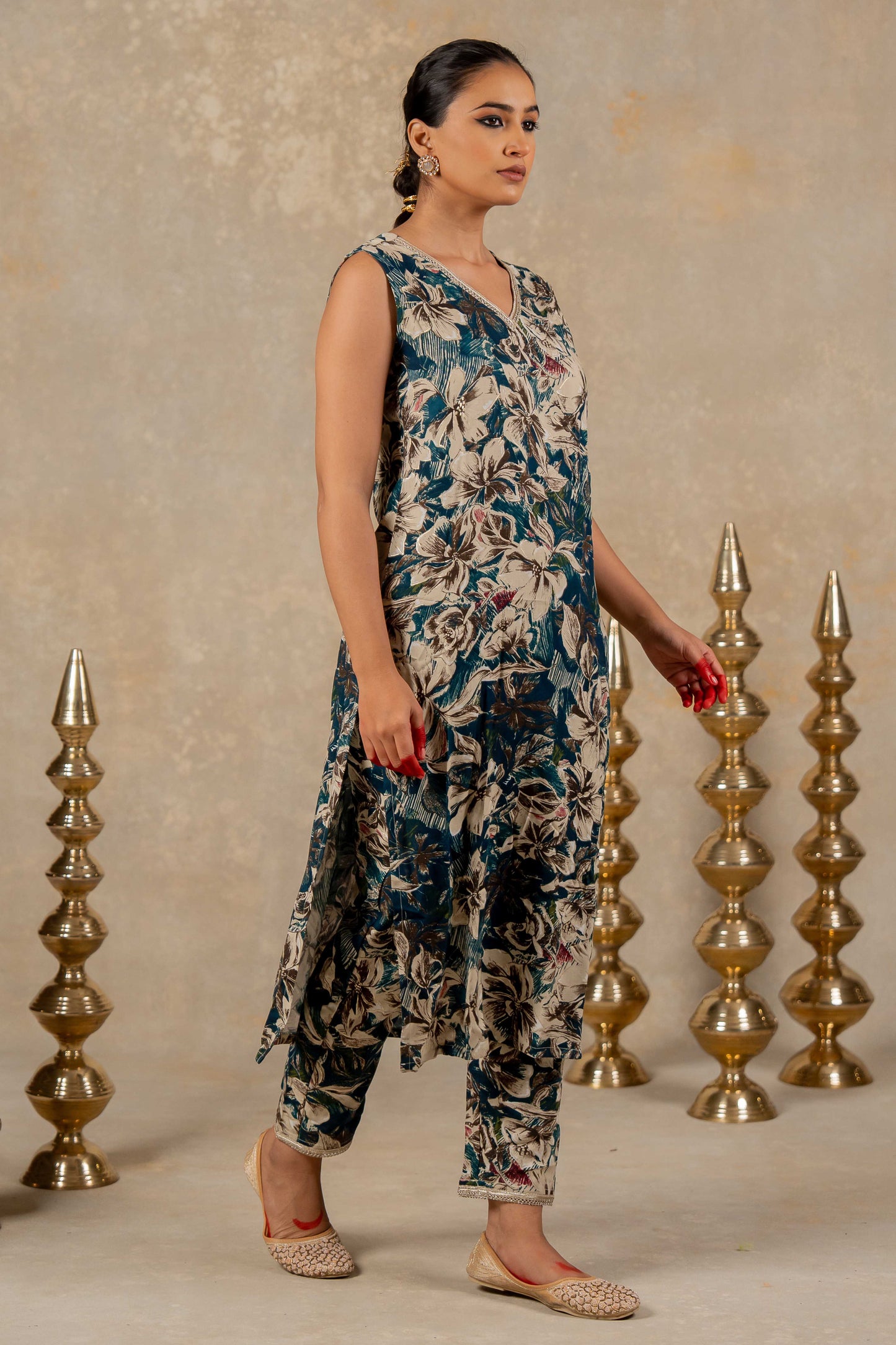 Rama Blue Elegant Viscose Rayon Floral Print Suit