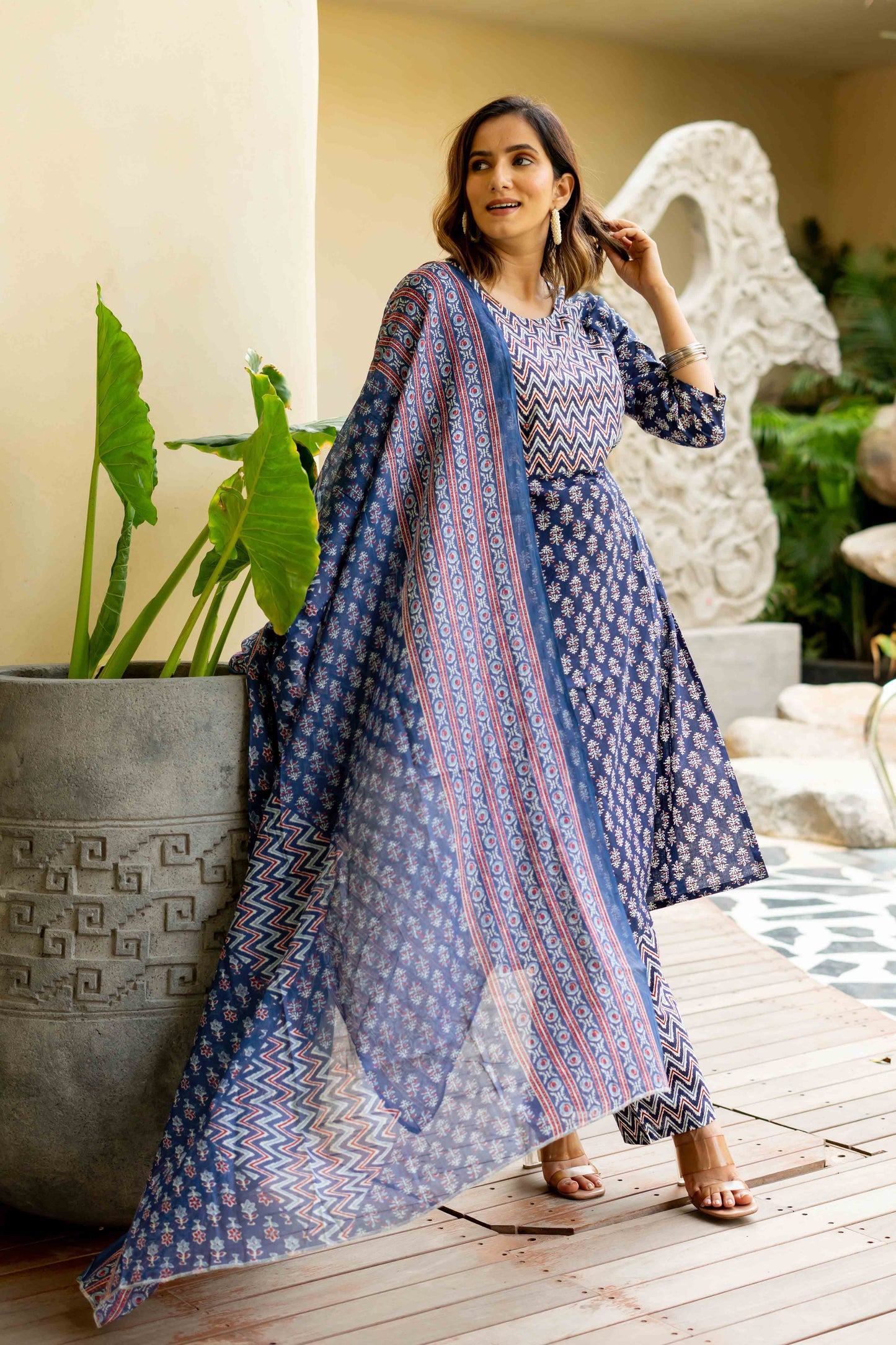 Women Blue & Red Floral & Zig Zag Print  Pure Cotton Top with Bottom & Dupatta Set