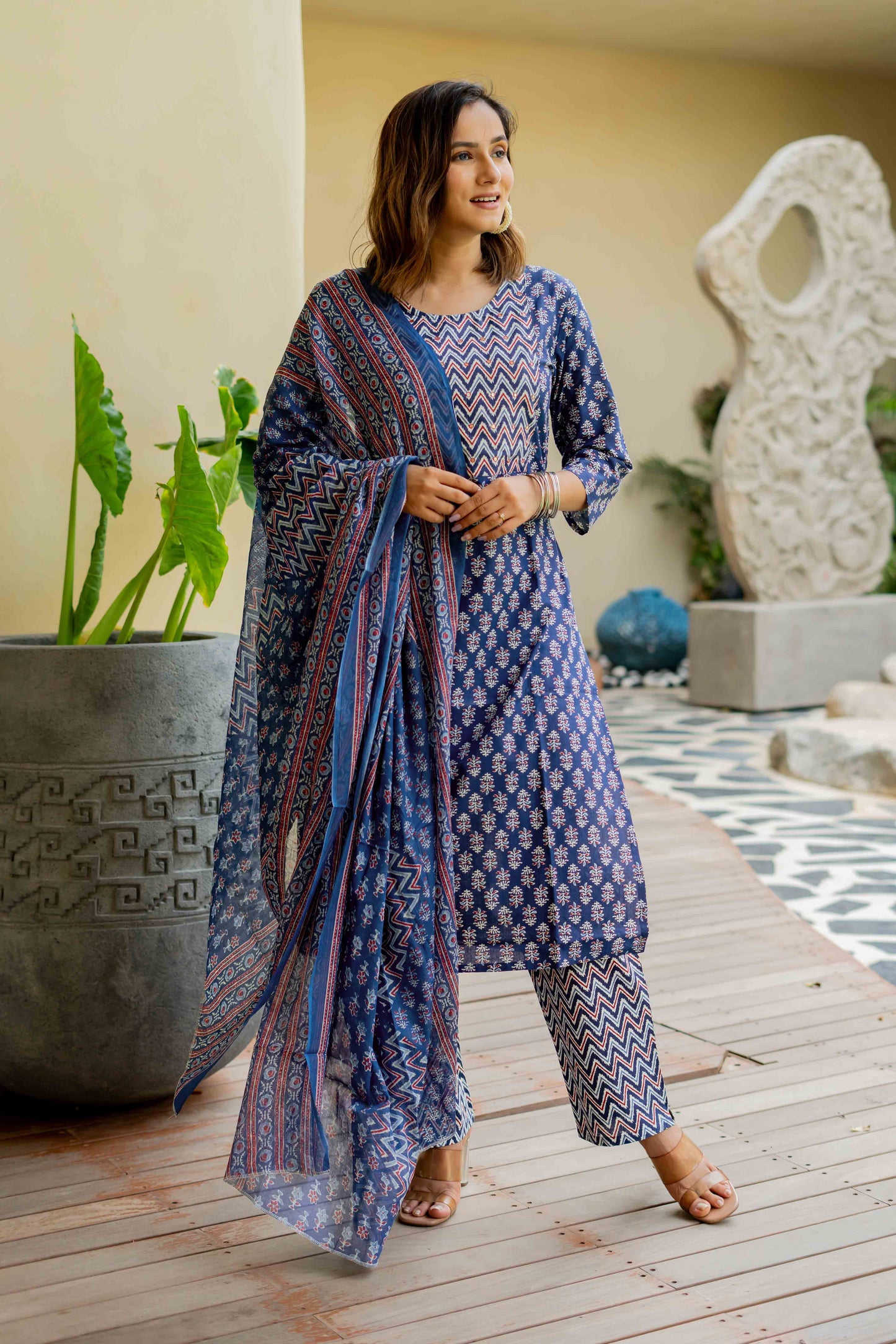 Women Blue & Red Floral & Zig Zag Print  Pure Cotton Top with Bottom & Dupatta Set