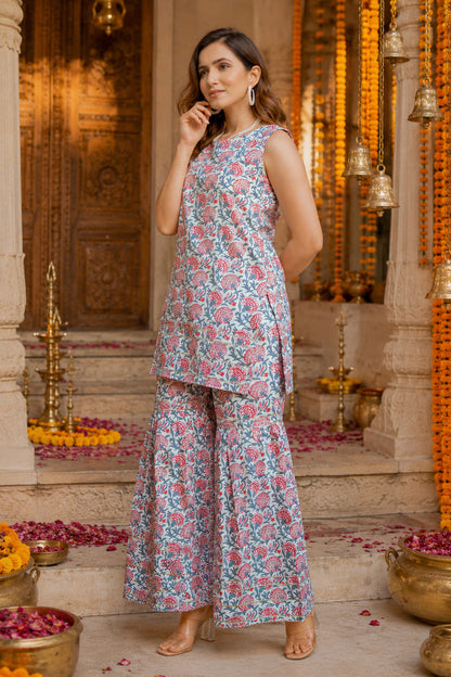 Elegant Cotton Blend Floral Print Sharara Set