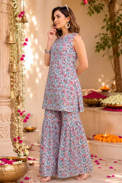 Elegant Cotton Blend Floral Print Sharara Set