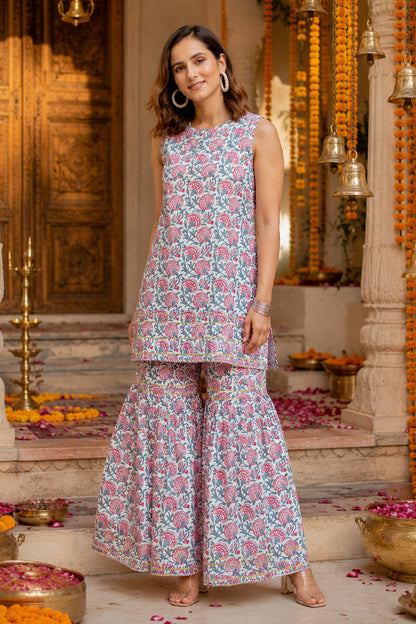 Elegant Cotton Blend Floral Print Sharara Set