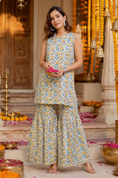 Elegant Cotton Blend Floral Print Sharara Set