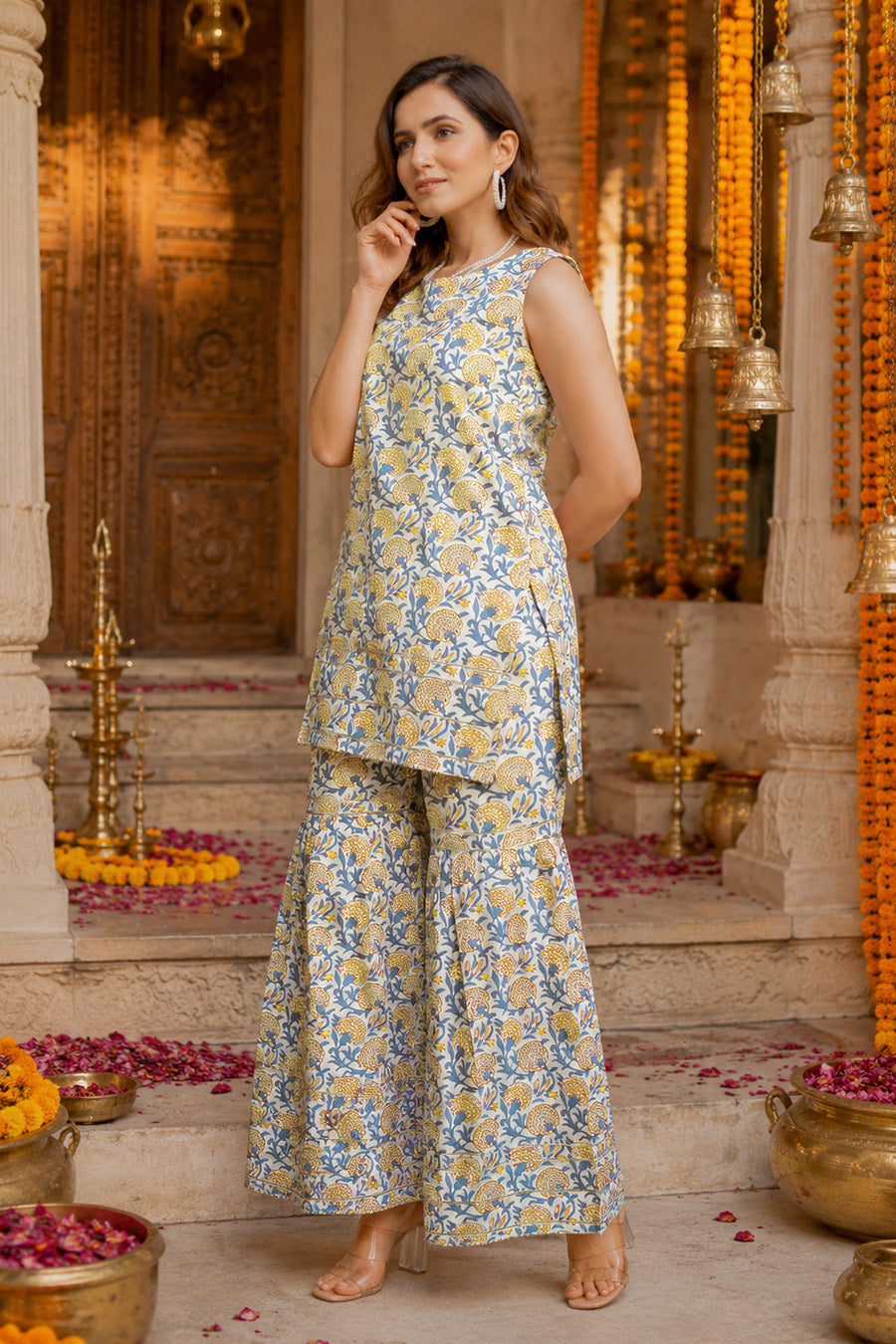 Elegant Cotton Blend Floral Print Sharara Set
