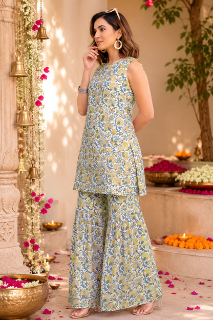 Elegant Cotton Blend Floral Print Sharara Set