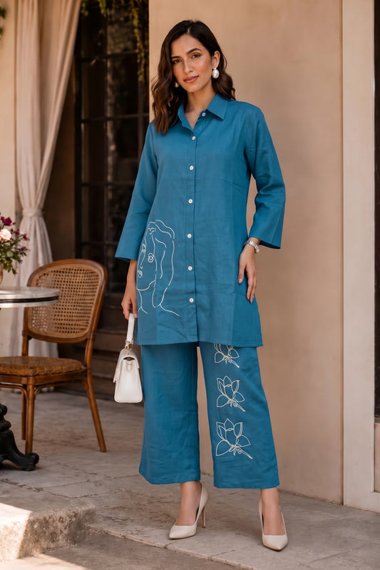 Women's Trendy Pure Cotton Thread Embroidery Co-Ord Set