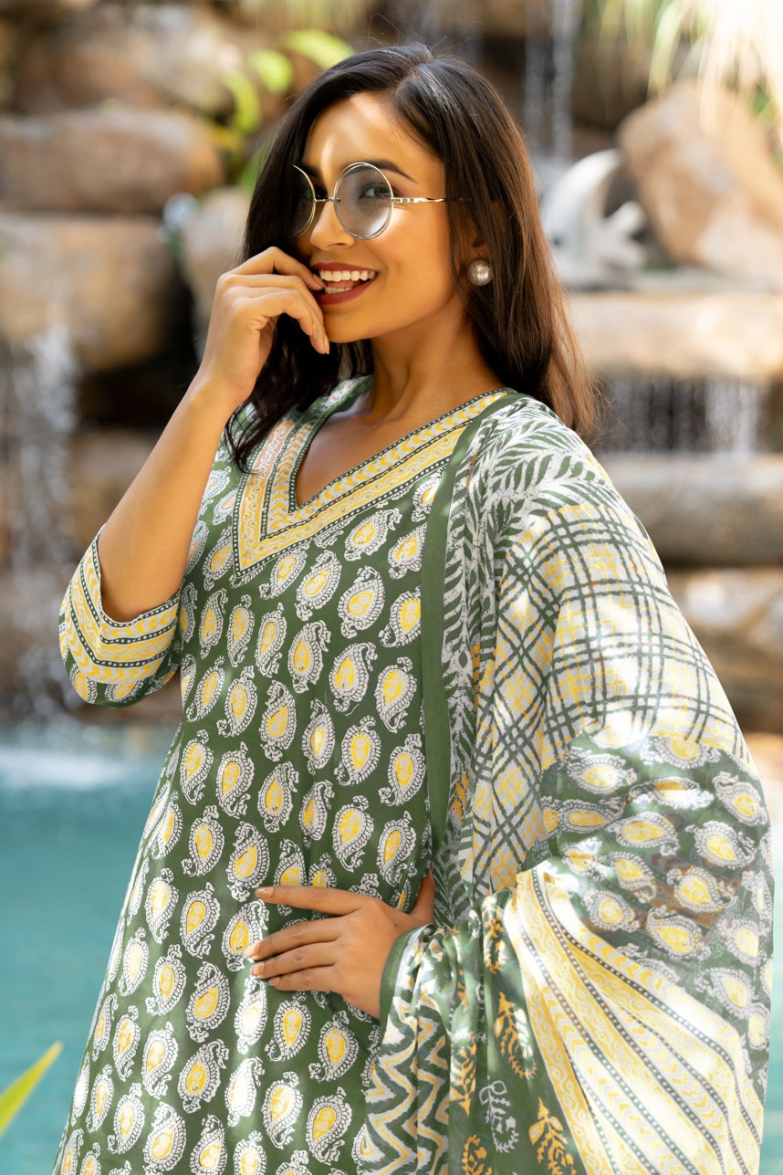 Trendy Cotton Floral Print Kurta Set with dupatta