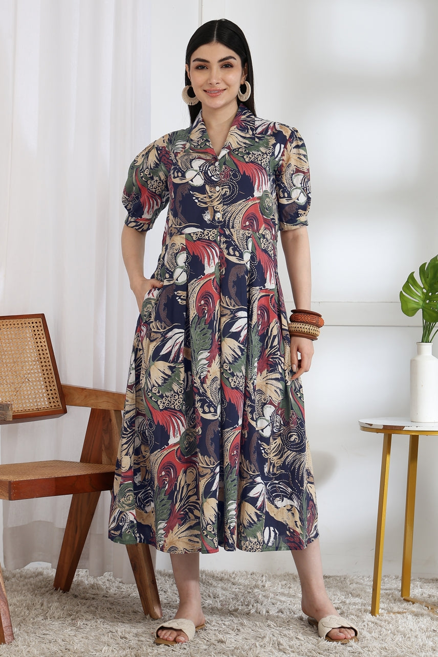Fancy Floral Print Cotton Dress