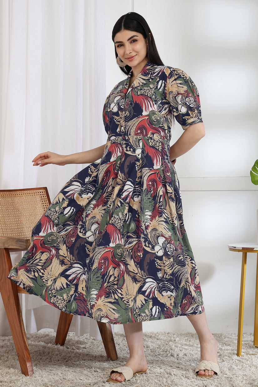 Fancy Floral Print Cotton Dress