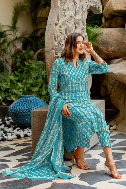 Trendy Cotton Batik Print Kurta Set with dupatta