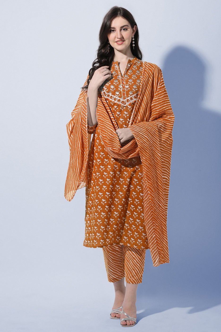 Women’s Floral Printed Kurta Pant Dupatta Set with Sequin & Gotta Patti Lace Work