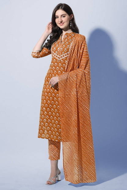 Women’s Floral Printed Kurta Pant Dupatta Set with Sequin & Gotta Patti Lace Work