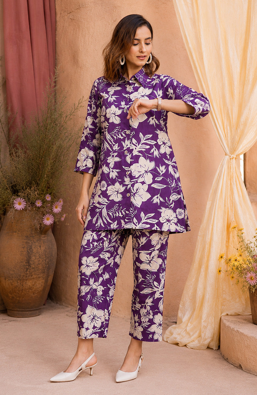 Fancy Floral Print Cotton Blend Co-Ord Set
