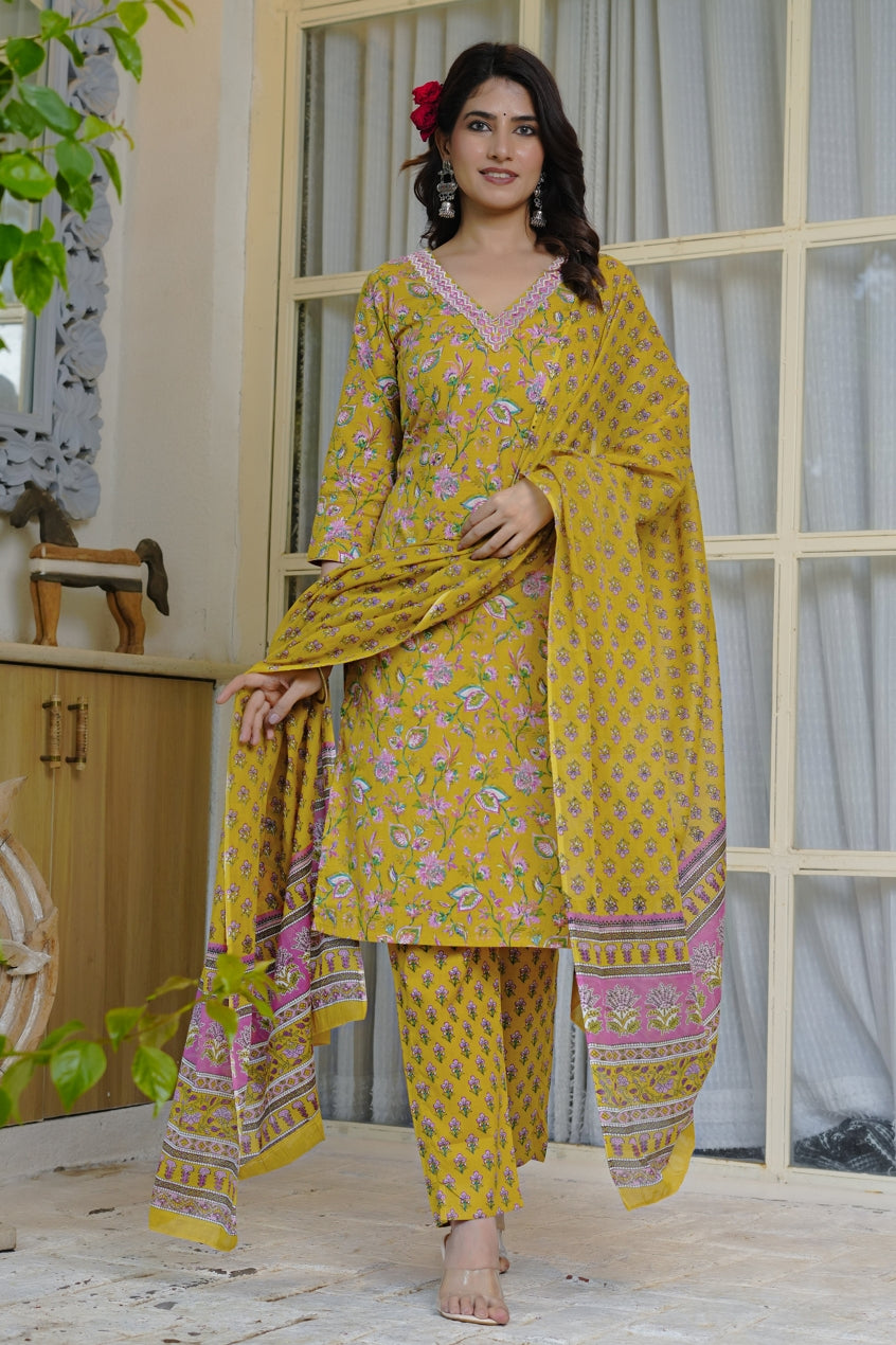 Tropical Floral Print Pure Cotton Kurta Set with dupatta