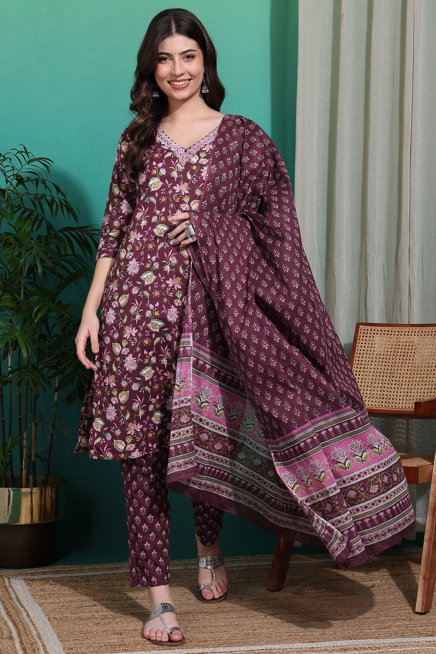 Tropical Floral Print Pure Cotton Kurta Set with dupatta