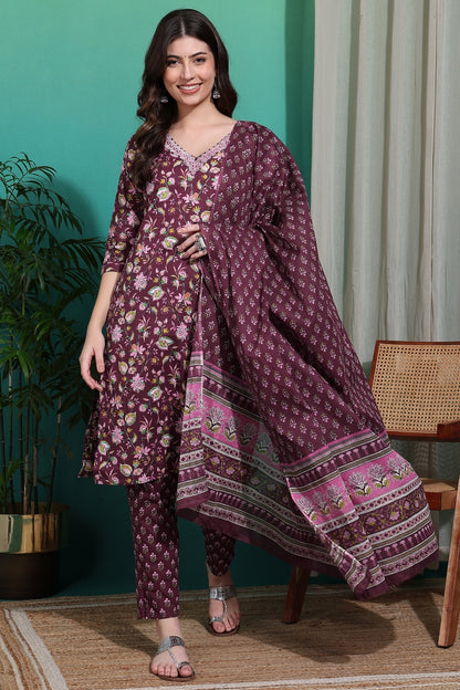 Tropical Floral Print Pure Cotton Kurta Set with dupatta