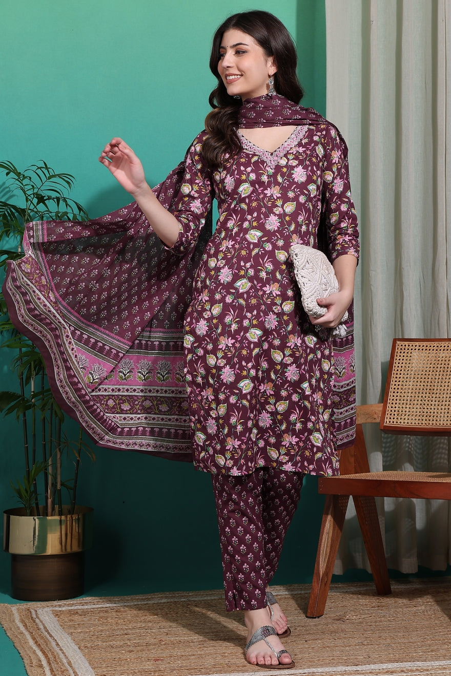 Tropical Floral Print Pure Cotton Kurta Set with dupatta