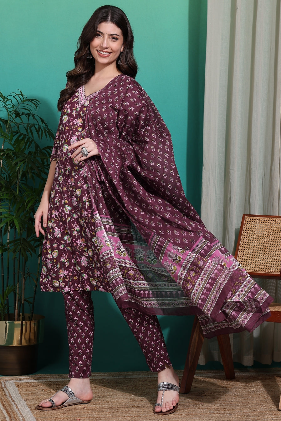 Tropical Floral Print Pure Cotton Kurta Set with dupatta