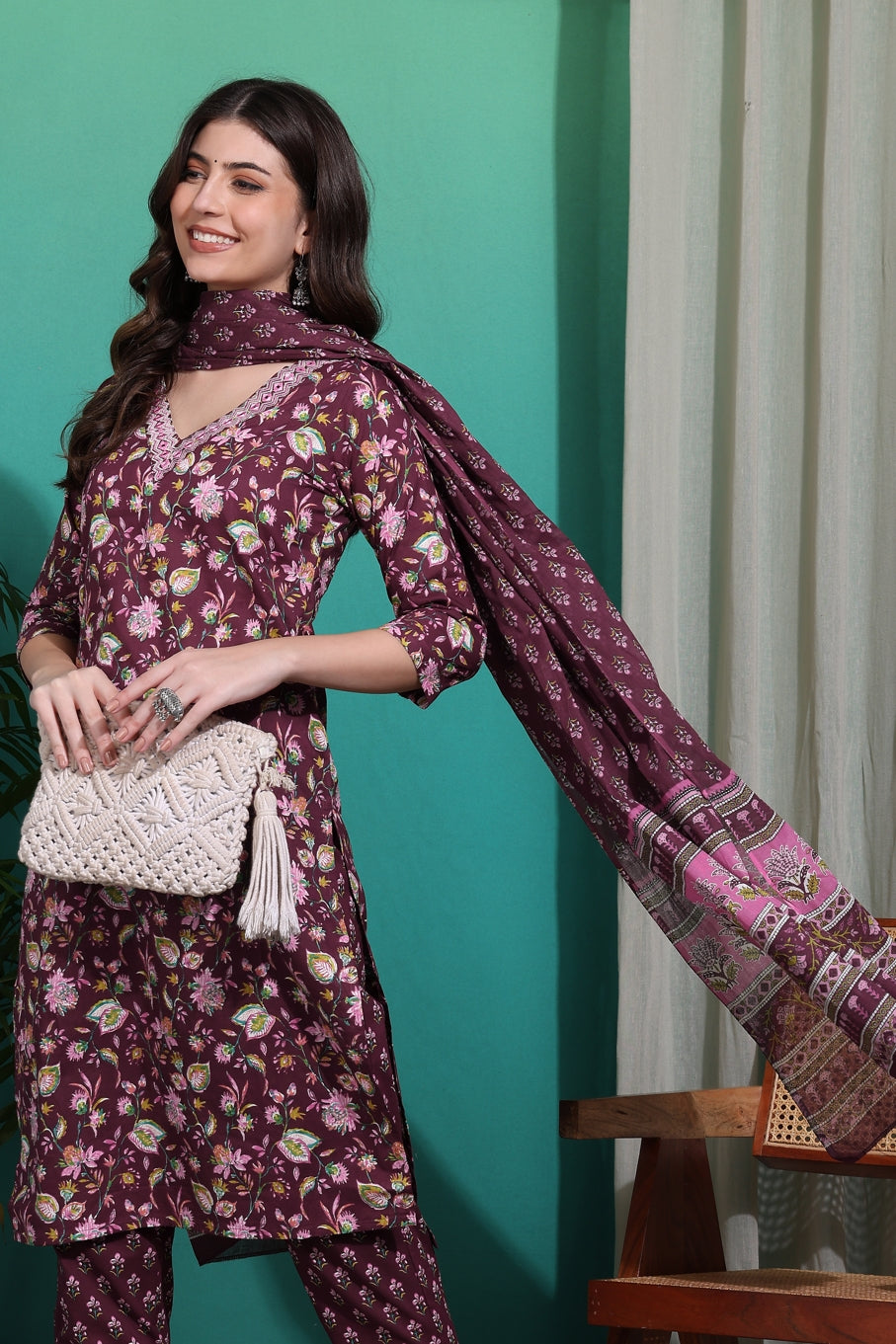 Tropical Floral Print Pure Cotton Kurta Set with dupatta