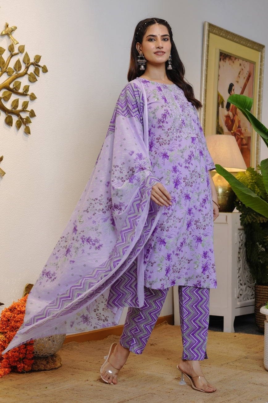 Floral Print Cotton Kurta Set with dupatta