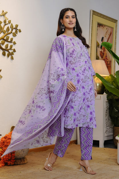 Floral Print Cotton Kurta Set with dupatta