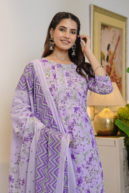 Floral Print Cotton Kurta Set with dupatta