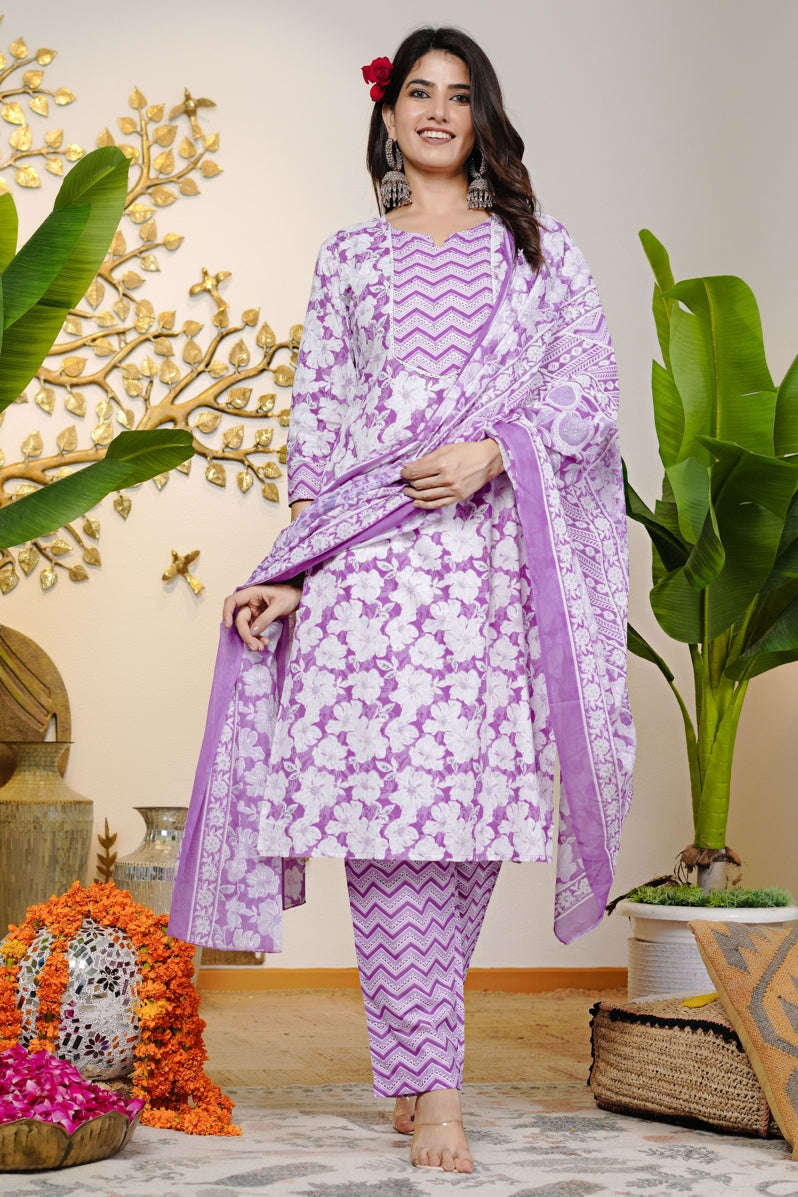 Beautiful Cotton Floral Print Kurta Set with dupatta