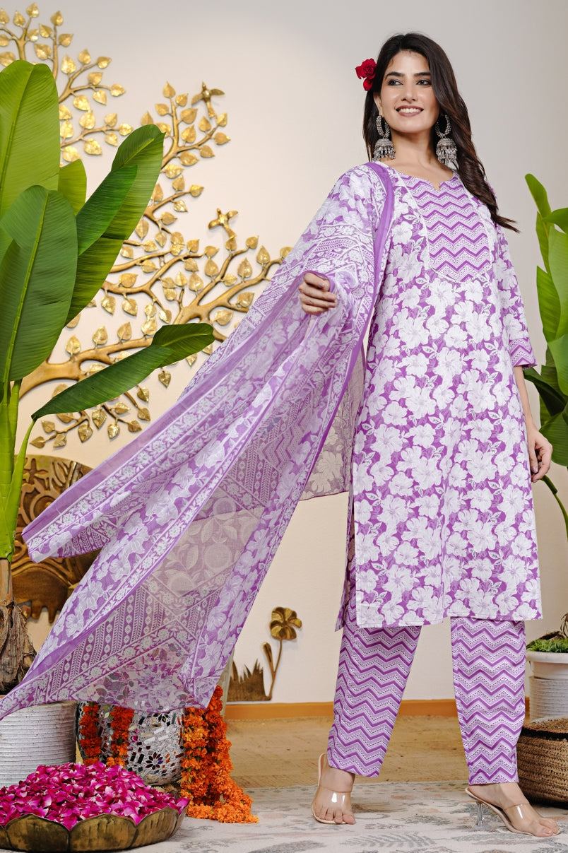 Beautiful Cotton Floral Print Kurta Set with dupatta