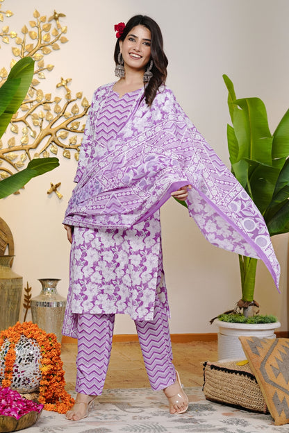 Beautiful Cotton Floral Print Kurta Set with dupatta