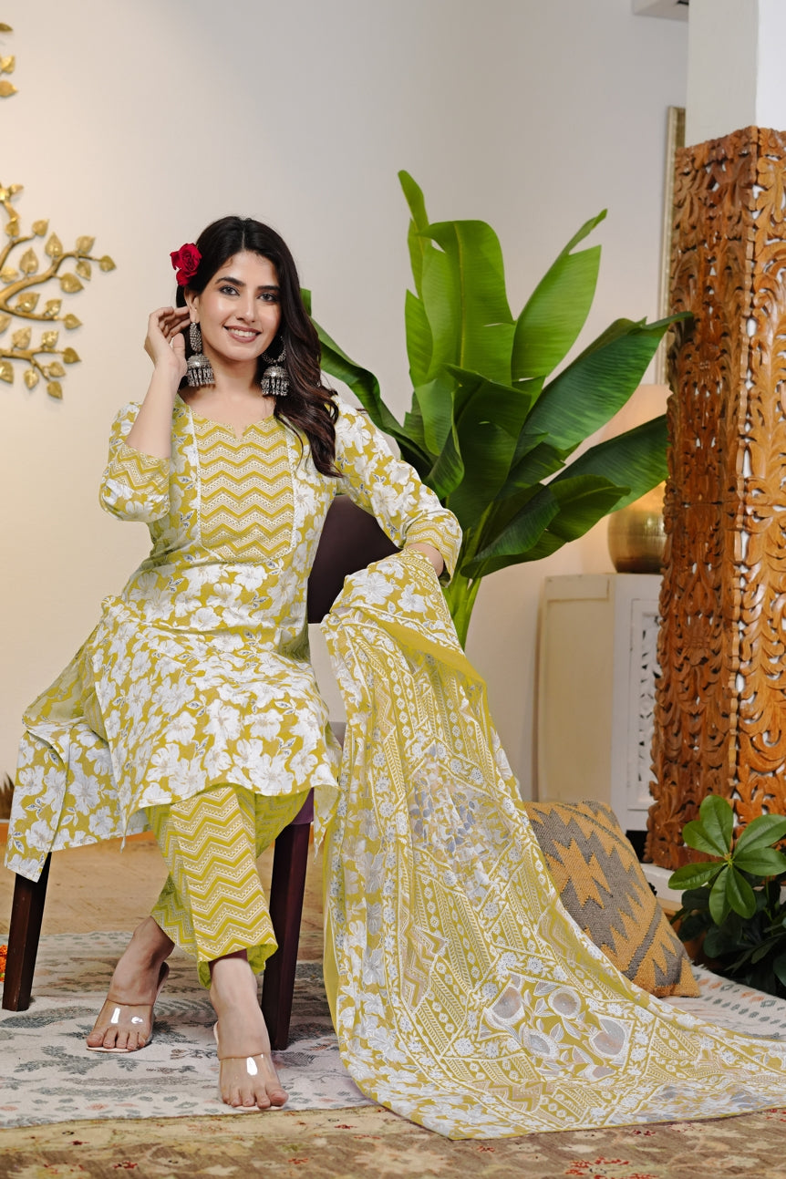 Beautiful Cotton Floral Print Kurta Set with dupatta