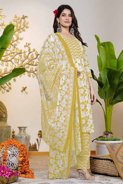 Beautiful Cotton Floral Print Kurta Set with dupatta