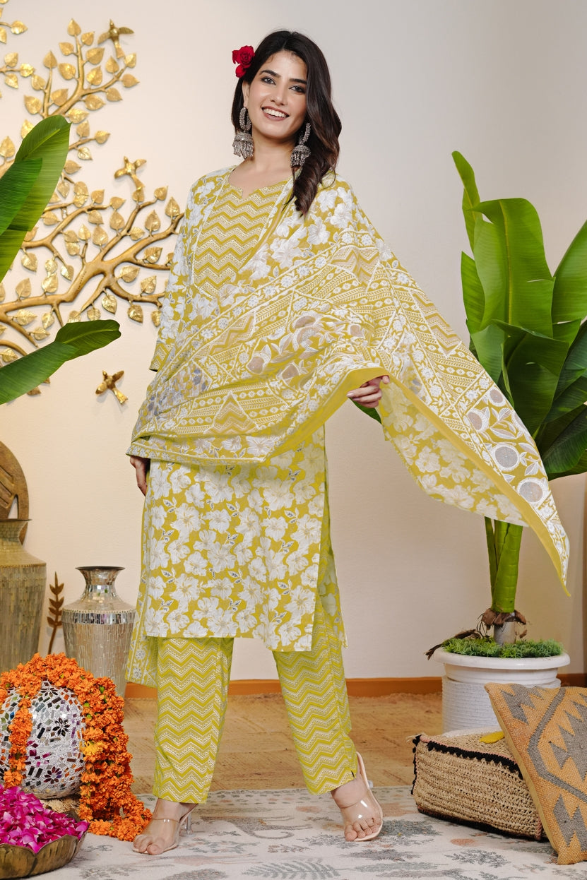 Beautiful Cotton Floral Print Kurta Set with dupatta