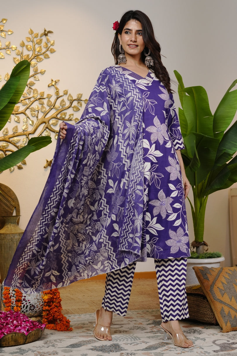 Trendy Cotton Floral Print Kurta Set with dupatta