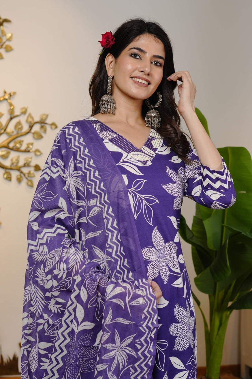 Trendy Cotton Floral Print Kurta Set with dupatta