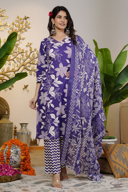 Trendy Cotton Floral Print Kurta Set with dupatta