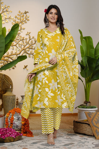 Trendy Cotton Floral Print Kurta Set with dupatta