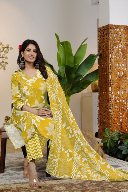 Trendy Cotton Floral Print Kurta Set with dupatta