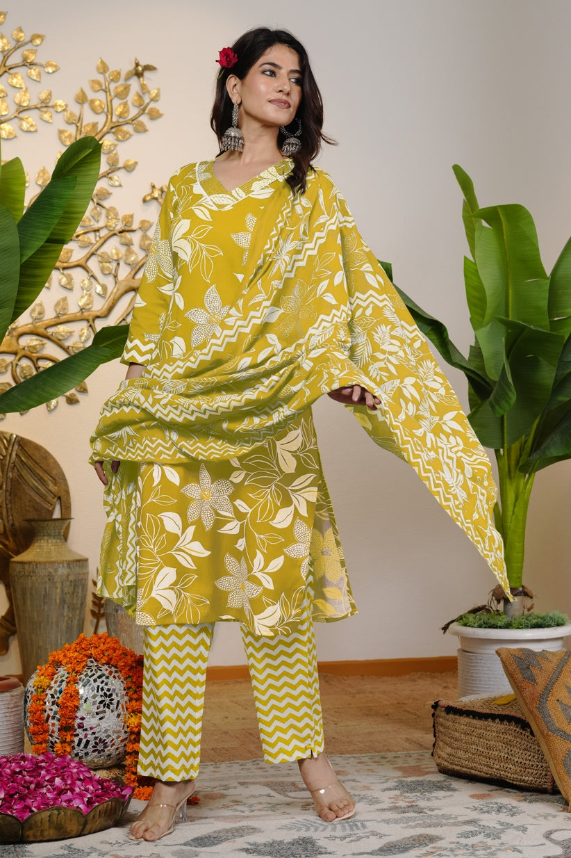 Trendy Cotton Floral Print Kurta Set with dupatta