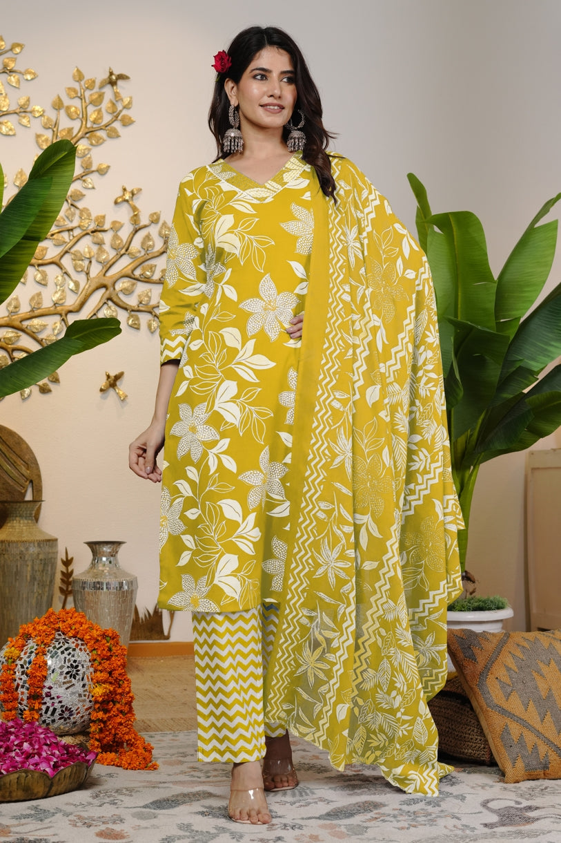 Trendy Cotton Floral Print Kurta Set with dupatta