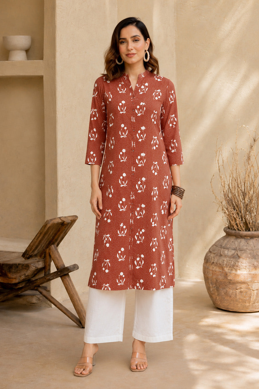 Elegant Kantha Work and Block Print Cotton Kurta