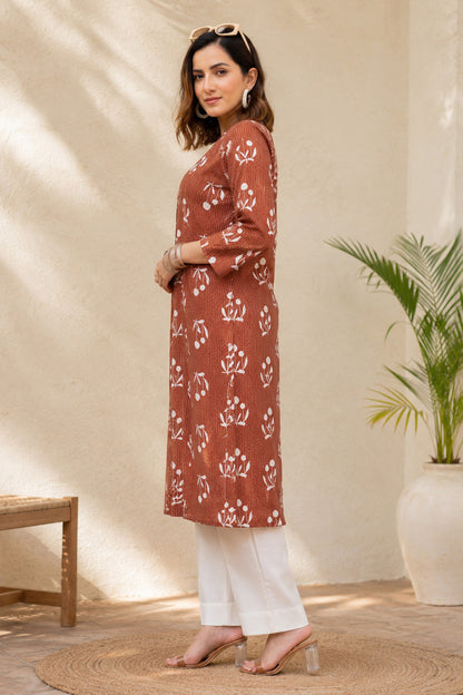 Elegant Kantha Work and Block Print Cotton Kurta
