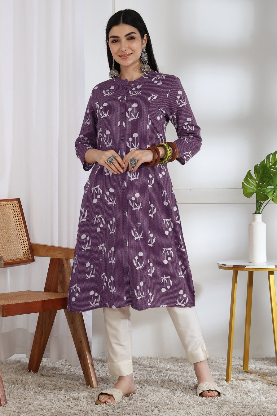 Elegant Kantha Work and Block Print Cotton Kurta