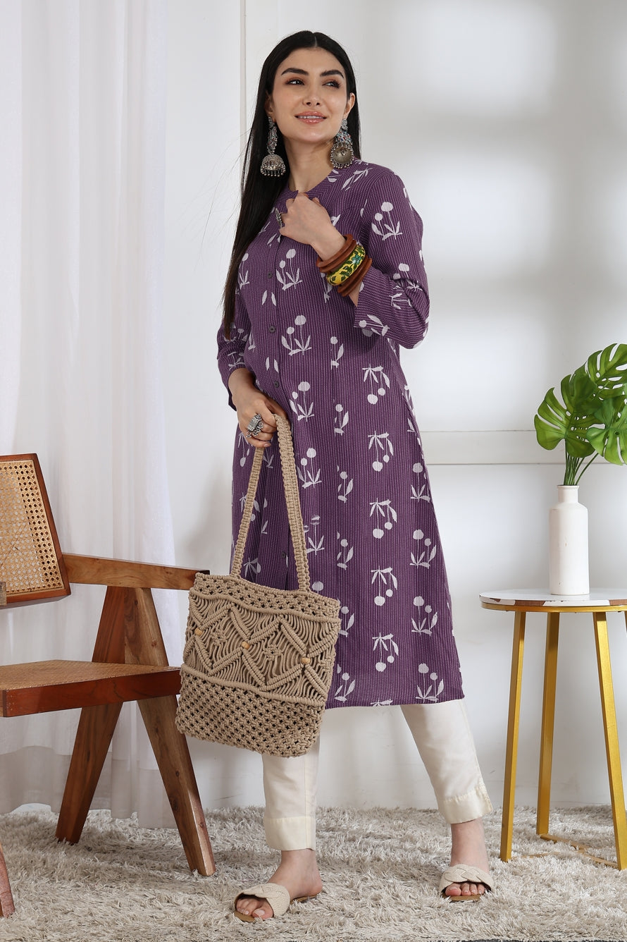 Elegant Kantha Work and Block Print Cotton Kurta