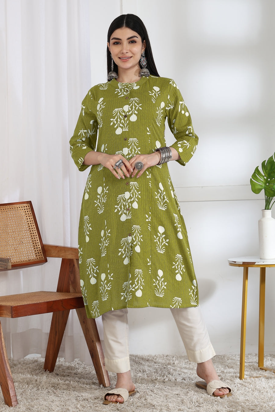 Latest Kantha Work and Floral Print Cotton Kurta