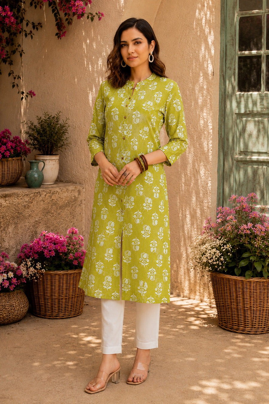 Fancy Kantha Work and Floral Block Print A-line Cotton Kurta
