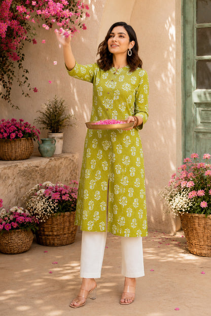 Fancy Kantha Work and Floral Block Print A-line Cotton Kurta