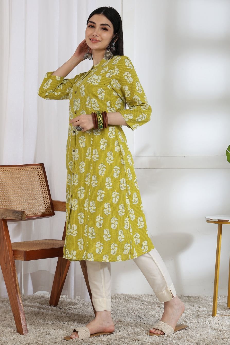 Fancy Kantha Work and Floral Block Print A-line Cotton Kurta