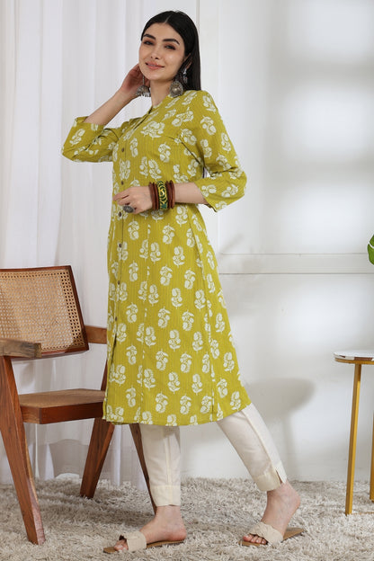 Fancy Kantha Work and Floral Block Print A-line Cotton Kurta