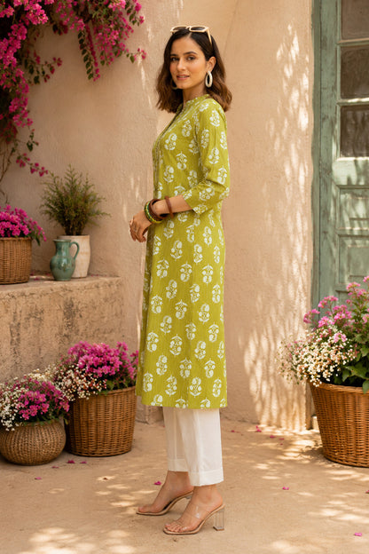 Fancy Kantha Work and Floral Block Print A-line Cotton Kurta
